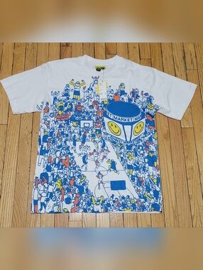 Arket White Tee with Blue, Yellow and Orange Basketball Crowd Print